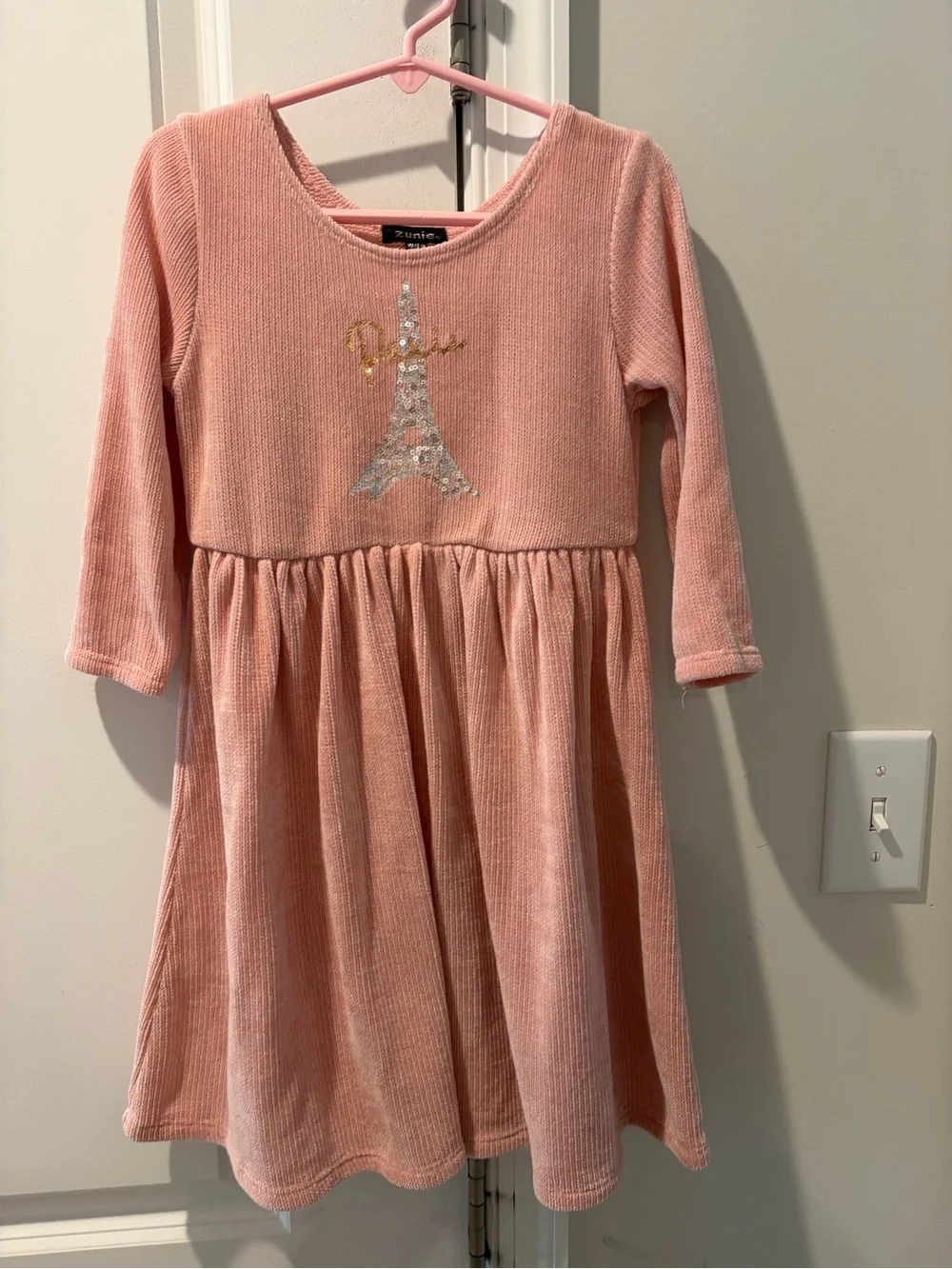 Zunie Girls' Peach Corduroy Dress with Sparkle Eiffel